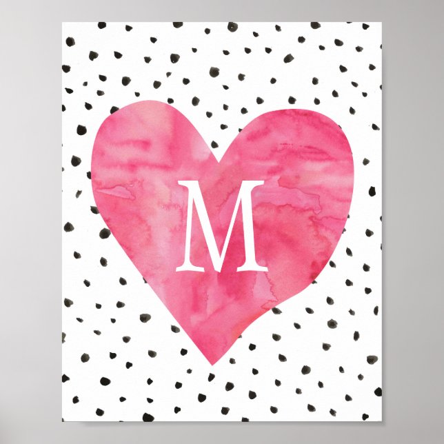 Girl Nursery Monogram Watercolor Pink Heart Poster (Front)