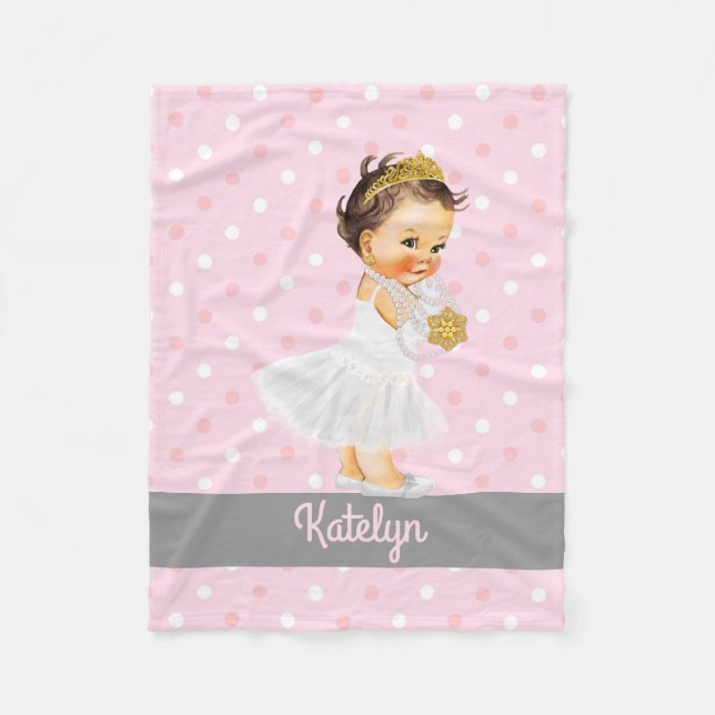 Girl Nursery Personalized Princess Pink Polka Dots Fleece Blanket (Front)