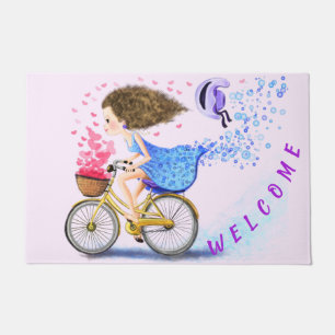 Girl On A Bike Doormat Romantic Welcome Love