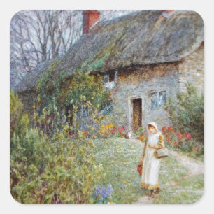 Girl on a Cottage Path Square Sticker