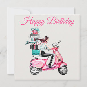 Girl on a Scooter with Presents Card