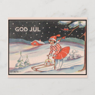 Girl on a sled, snow - vintage Christmas Postcard