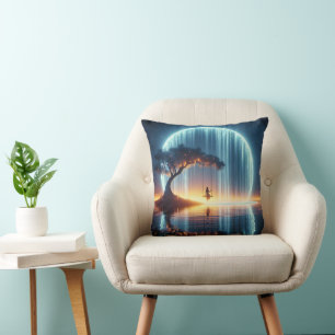 Girl On a Swing In Moon Waterfall Throw Pillow