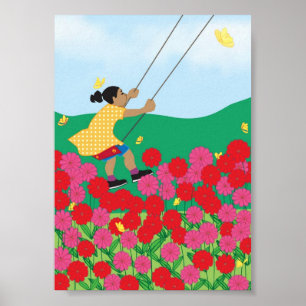 Girl on a swing with flowers poster