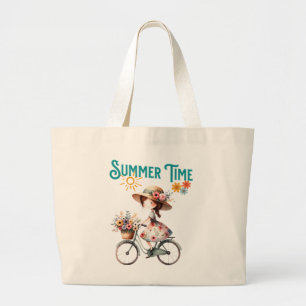 Girl on Bicycle with Flowers Summer Large Tote Bag