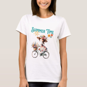 Girl on Bicycle with Flowers Summer T-Shirt