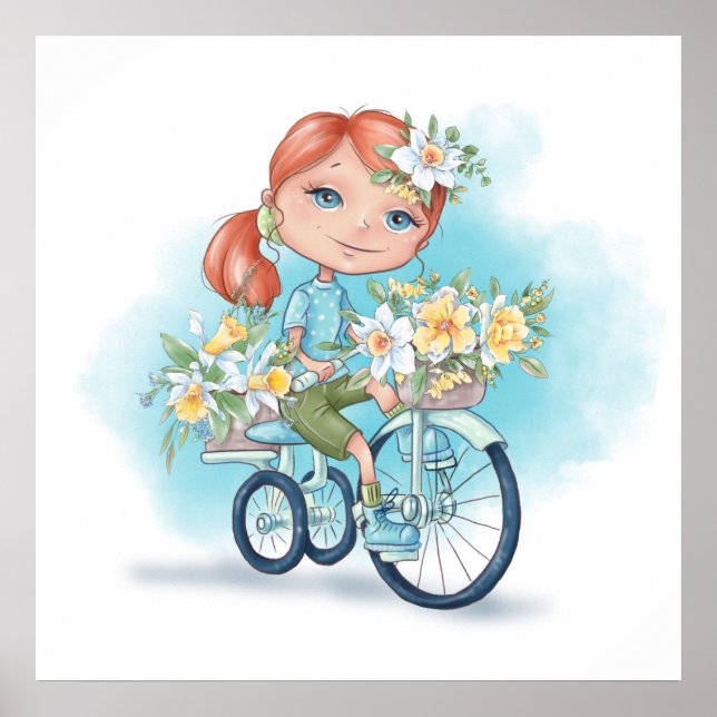 Girl on Bike With Flowers Poster (Front)