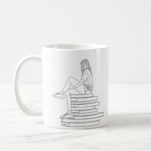 Girl on Books Line Art Coffee Mug