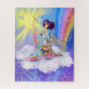 Girl on Cloud Painting Sun and Rainbow - Fantastic Jigsaw Puzzle