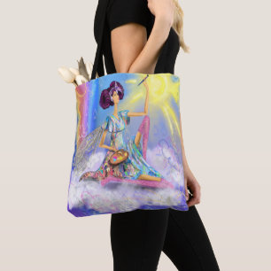 Girl on Cloud Painting Sun and Rainbow - Fantasy  Tote Bag