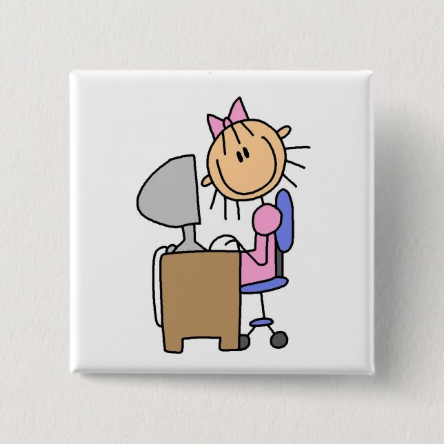 Girl on Computer 2 Inch Square Button (Front)