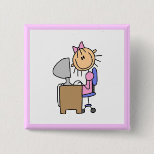 Girl on Computer 2 Inch Square Button