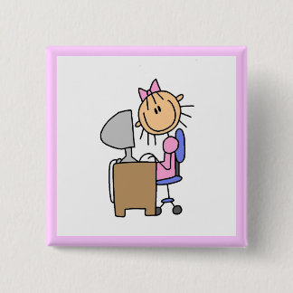 Girl on Computer 2 Inch Square Button