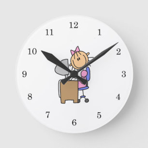 Girl on Computer Round Clock