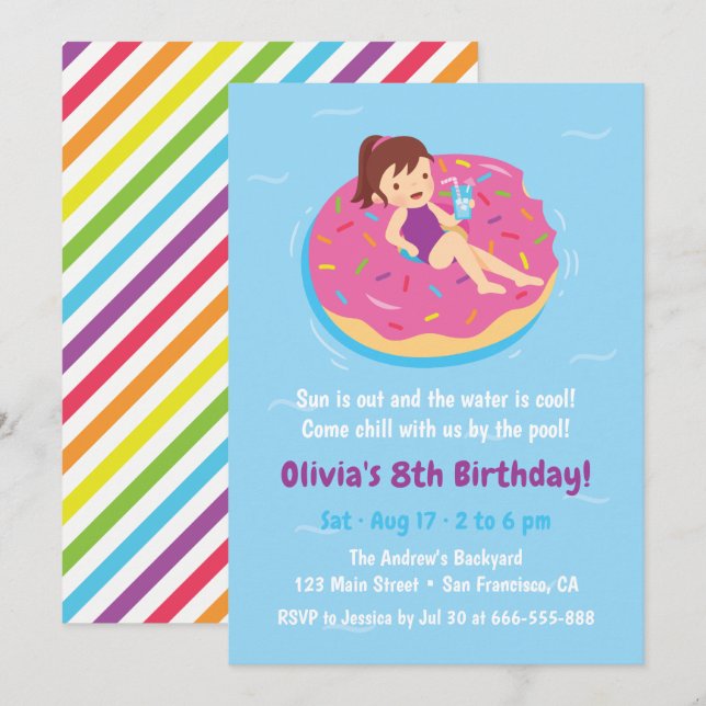Girl on Doughnut Float Birthday Party Invitations (Front/Back)