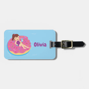 Girl on Rainbow Sprinkles Doughnut Pool Float Luggage Tag