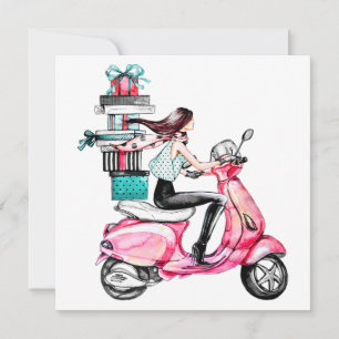 Girl on Scooter carrying Presents Card