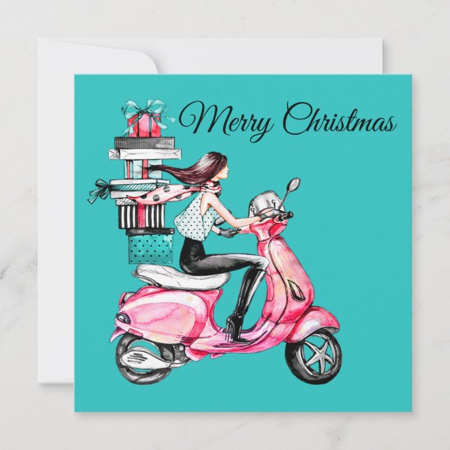 Girl on Scooter carrying Presents  Card (Front)