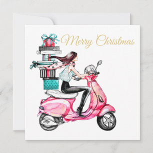 Girl on Scooter carrying Presents Card