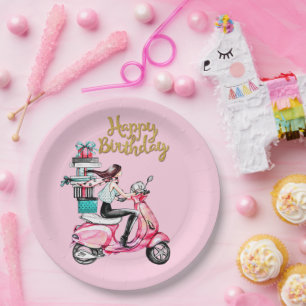 Girl on Scooter carrying Presents Paper Plate