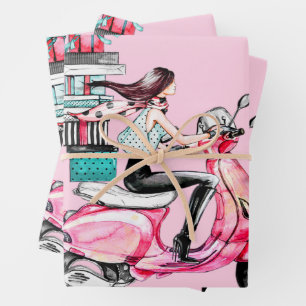 Girl on Scooter carrying Presents   Wrapping Paper Sheet