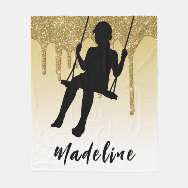 Girl on Swing Gold Glitter Drip Ombre  Fleece Blanket (Front)