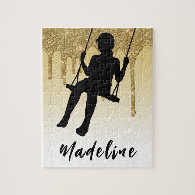 Girl on Swing Gold Glitter Drip Ombre    Jigsaw Puzzle (Vertical)