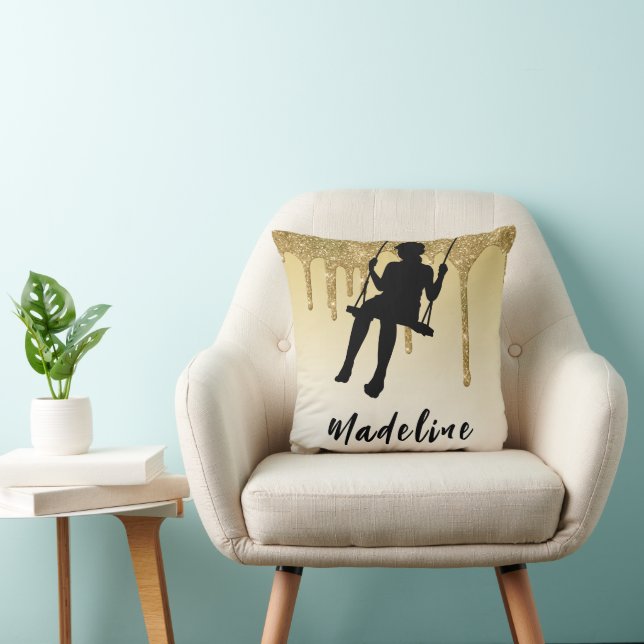 Girl on Swing Gold Glitter Drip Ombre   Throw Pillow (Chair)