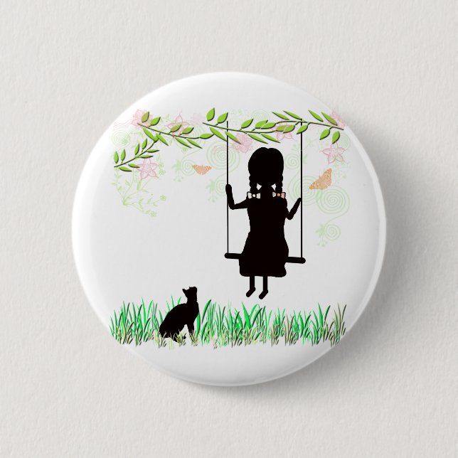 Girl on Swing with Cat 2 Inch Round Button (Front)