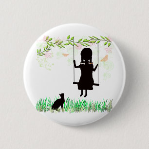 Girl on Swing with Cat 2 Inch Round Button