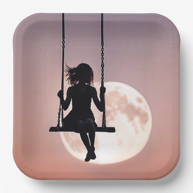 Girl On Swing With Moon Paper Plate (Front)