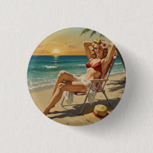Girl On the Beach Retro '50s Pin-up art 1 Inch Round Button