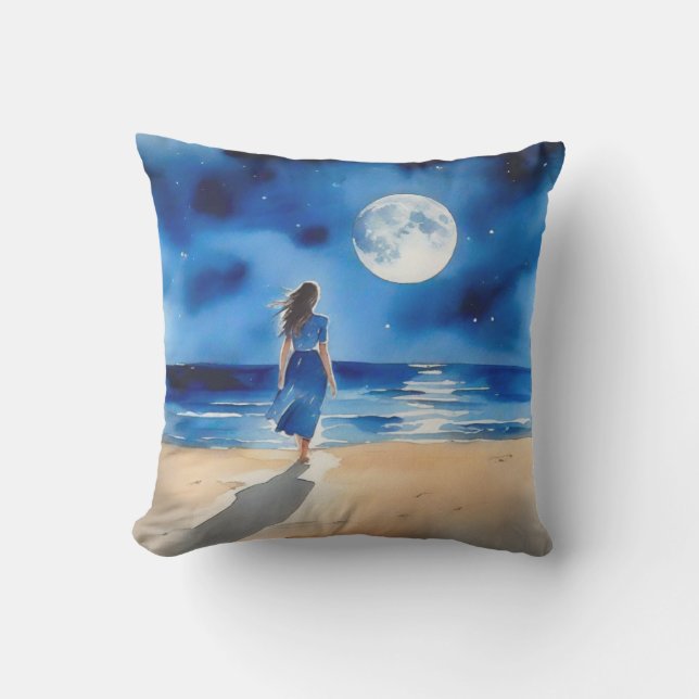 Girl on the Beach Under a Full Moon Outdoor Pillow (Front)