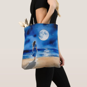 Girl on the Beach Under a Full Moon Tote Bag