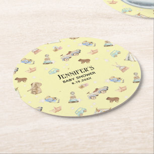 Girl or Boy Baby Shower, Vintage Toys, Yellow Round Paper Coaster