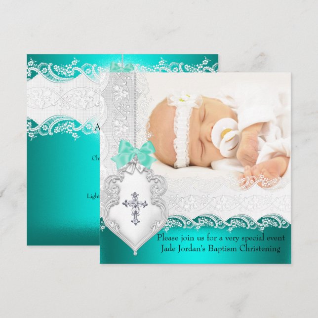 Girl or Boy Baptism Jade Teal White Lace Photo Invitation (Front/Back)