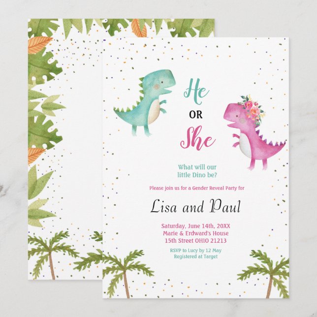 Girl or Boy Dinosaur Gender Reveal Invitation (Front/Back)