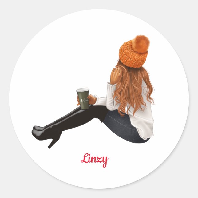 Girl Orange Autumn Fall Personalized Custom Coffee Classic Round Sticker (Front)