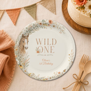 Girl Orange Wildflower Horse First Birthday Paper Plate