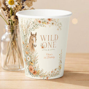 Girl Orange Wildflower Wild One Horse 1st Birthday Paper Cups
