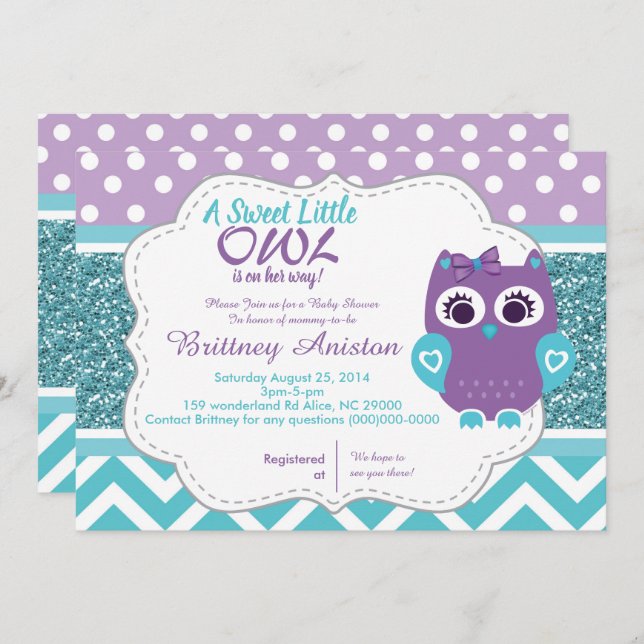 Girl Owl Purple Teal Invitation Card (Front/Back)