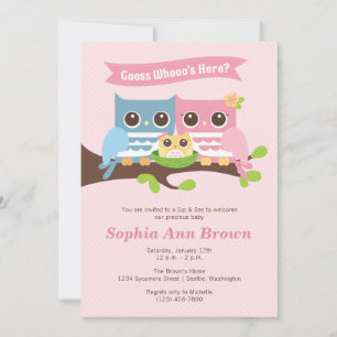 Girl Owl Sip and See Baby Shower Invitation