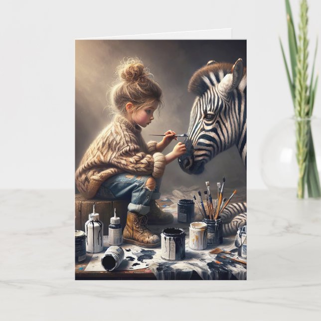 Girl Painting Stripes On a Zebra Birthday Card (Front)