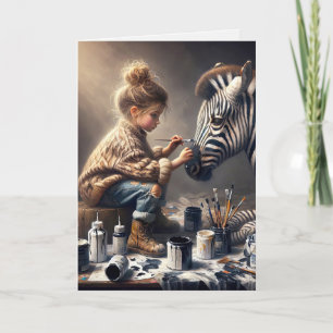 Girl Painting Stripes On a Zebra Birthday Card