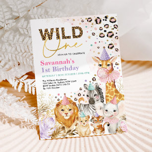 Girl Party Animals Leopard Print Wild One Birthday Invitation