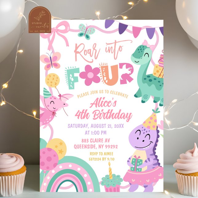 Girl Pastel Dinosaur 4th Birthday invitation (Créateur téléchargé)