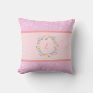 Girl Pastel Pink and Lavender Floral Monogram Kid Throw Pillow