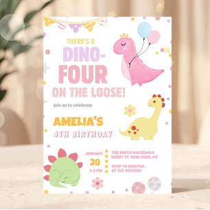 Girl Pastel Pink Dinosaur 4th Birthday  Invitation