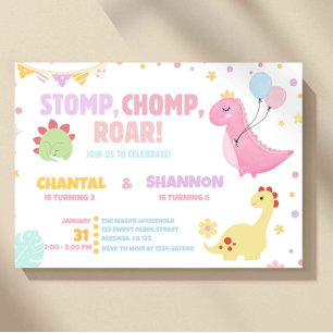 Girl Pastel Pink Dinosaur Joint Birthday Invitation