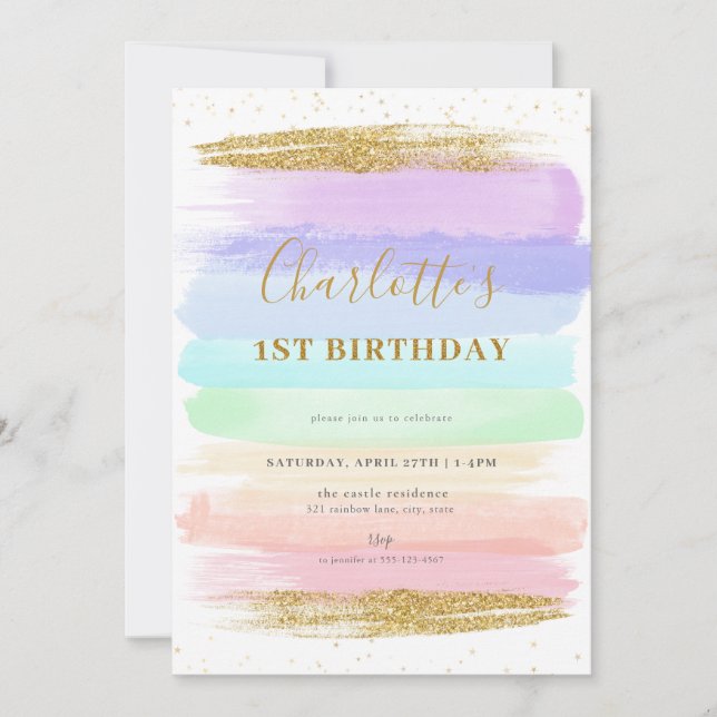 Girl Pastel Rainbow 1er Anniversaire Invitation (Devant)